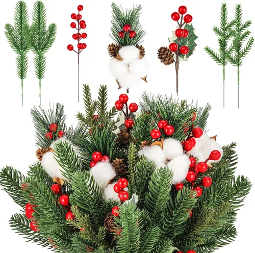 Vista 9 de Yunlly 60 piezas de agujas de pino verde artificiales para Navidad, púas florales de Navidad de acebo con bayas rojas artificiales, tallos de pino
