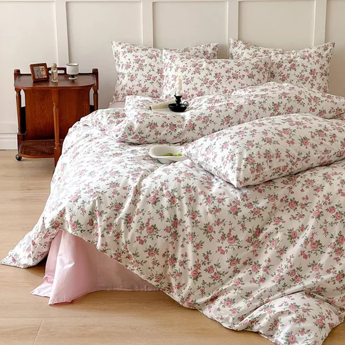 Vista 51 de Funda de edredón de flores rosadas, tamaño individual, elegante, con volantes, funda de edredón de encaje de algodón, juego de ropa de cama floral