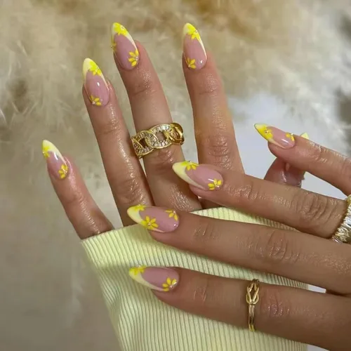 Vista 16 de NBNTGH Uñas postizas a presión de punta francesa blanca, uñas postizas de línea dorada, uñas postizas medianas con diseño de almendra, uñas postizas