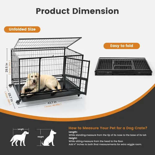 Vista 3 de Gardner Pet Jaula para perros resistente de 43 pulgadas con ruedas, jaula de metal plegable para perros pequeños y grandes, jaula indestructible