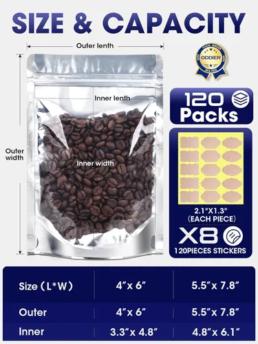 Vista 2 de 120 bolsas de pie, bolsa de Mylar de 5.5 x 7.8 pulgadas para almacenamiento de alimentos, parte delantera transparente con parte trasera de papel