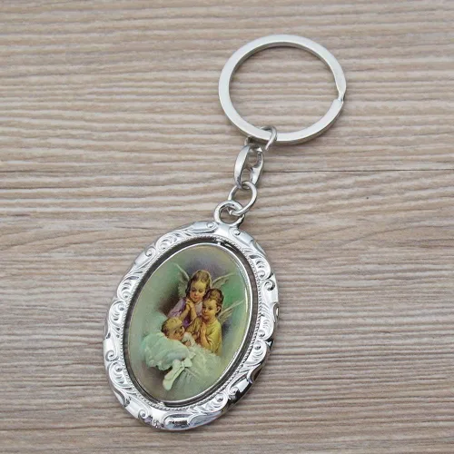 Vista 2 de Llavero de bautismo giratorio personalizado (12 piezas) – Llavero de metal grabado de ángel de la guarda para bautizo/bautizo, regalo personalizado