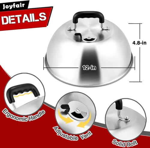 Vista 2 de Joyfair - Juego de 3 cúpula para fundir queso, tapas de cocción para parrilla de acero inoxidable con ventilación ajustable para barbacoas/cocina al