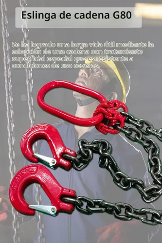 Vista 5 de Cadena de elevación industrial de 1.5 m de alta resistencia, capacidad de 2 toneladas, 6 mm de espesor, con doble pata y ganchos de eslinga
