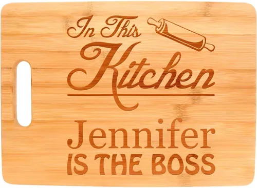 Vista 2 de Regalo de cocina personalizado Texto personalizado Nombre personalizado Kitchen Boss Tabla de cortar de madera en forma de rectángulo personalizado