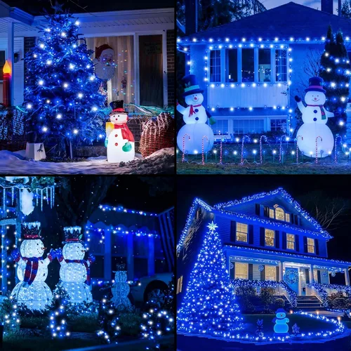 Vista 8 de QITONG Paquete de 2 luces solares azules y blancas de Navidad, cada cadena de 200 luces LED solares de 66 pies para exteriores, impermeable, 8 modos