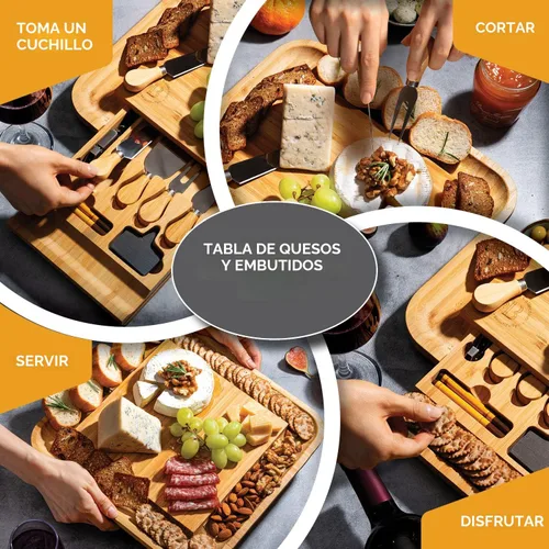 Vista 4 de Bambüsi Tablas de charcutería – Juego de tablas grandes de bambú para charcutería con cuchillos para servir, bandeja de queso, regalos