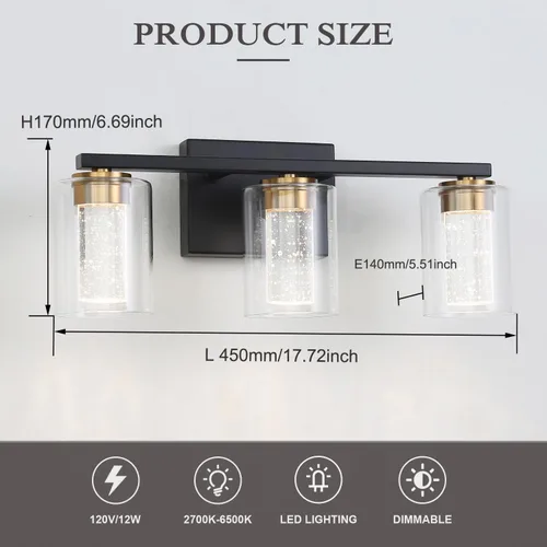 Vista 4 de EMONG Lámpara de baño de 3 luces negras y doradas, luces LED regulables de 5 CCT con vidrio transparente, 2700 K-6500 K, luz de tocador de baño