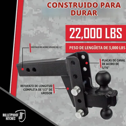 Vista 5 de BulletProof Hitches - Enganche de remolque ajustable resistente de 2.5 pulgadas (clasificación de 22,000 lb.) - Enganche de remolque