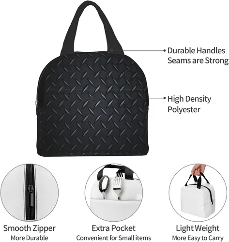 Vista 6 de Bolsa de almuerzo para mujeres y hombres, lonchera aislada de acero negro para adultos, bolsa de almuerzo reutilizable para el trabajo, picnic