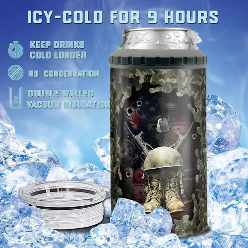 Vista 5 de Enfriador de latas personalizado del ejército de Estados Unidos con nombre personalizado, latas militares 4 en 1, vasos con aislamiento de 16 onzas