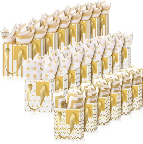 Vista 16 de Tenare - 24 pequeñas bolsas de regalo pequeñas de papel metálicas para fiestas, pequeñas con asas, papel de seda para joyas, envoltura de regalo