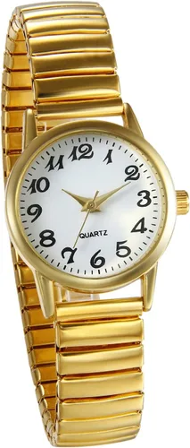 Vista 29 de JewelryWe Reloj de lectura fácil ultrafino para mujer con correa elástica de tono dorado/plateado