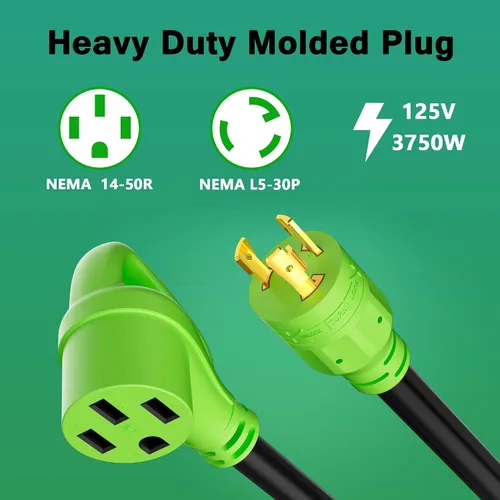 Vista 3 de Cable adaptador de generador RV de 30 amperios a 50 amperios, enchufe macho de bloqueo giratorio NEMA L5-30P a receptáculo hembra NEMA 14-50R