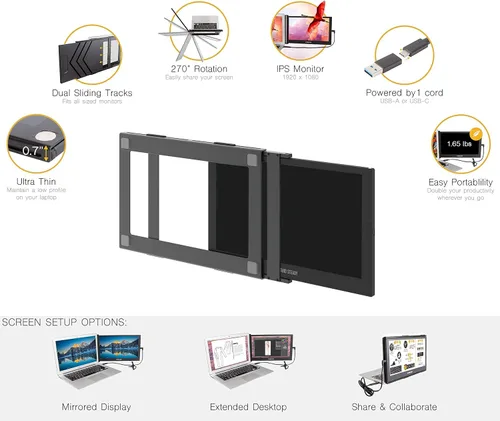 Vista 5 de SideTrak Monitor portátil deslizante de 12.5 pulgadas con funda de transporte, se fija a tu laptop para un fácil viaje, alimentación USB eficiente
