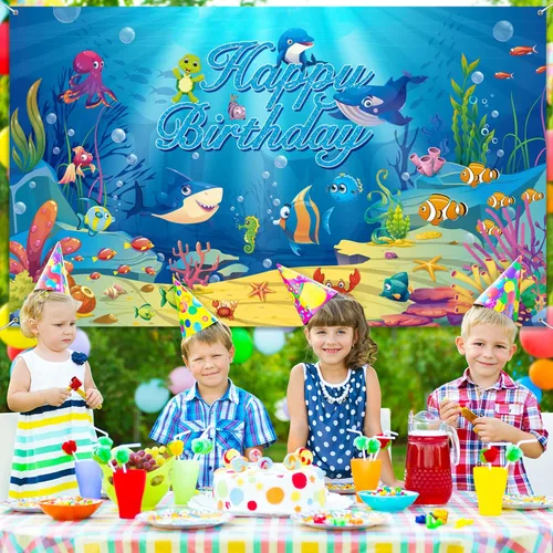 Vista 4 de Fondo de fiesta de cumpleaños bajo el mar, decoración de fiesta temática oceánica, fondo de fotos subacuáticas con delfín, tiburón, animales marinos