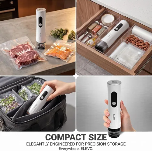 Vista 6 de ELEVO Sellador al vacío de mano para alimentos, sellador recargable de 1800 mAh (500 sellos/carga) con parada automática inteligente, 30 bolsas