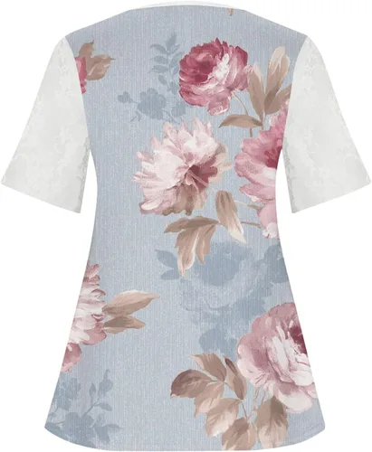Vista 4 de Camisas para mujer, a la moda, blusas de talla extragrande con estampado floral para mujer, cuello en V, manga corta, cómodas y elegantes