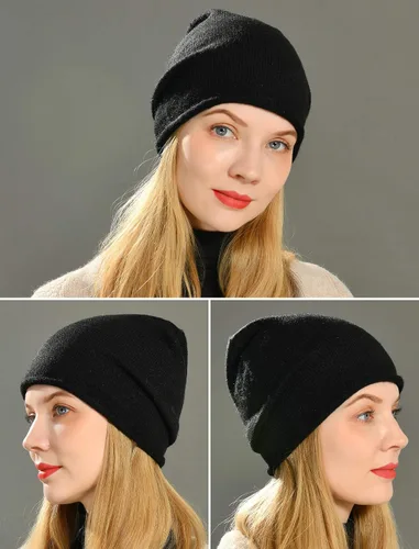 Vista 6 de jaxmonoy Gorro de punto de invierno para mujer mezcla de lana de cachemira cálido suave de punto holgado gorro de calavera