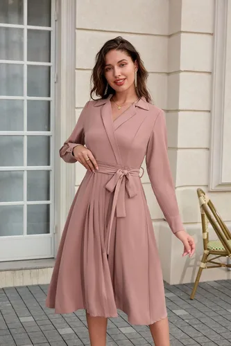 Vista 7 de GRACE KARIN Vestidos de trabajo de manga larga con cuello en V para mujer, vestidos de trabajo de manga larga con cuello en V para negocios, midi