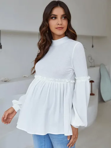 Vista 4 de MakeMeChic Camisa de maternidad de manga larga con cuello alto falso y ribete de volantes para mujer