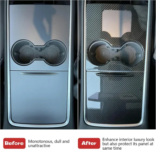 Vista 6 de Envoltura de consola central compatible con Tesla Model 3 Model Y 3K de fibra de carbono real, kit de envoltura de decoración interior, 2 accesorios