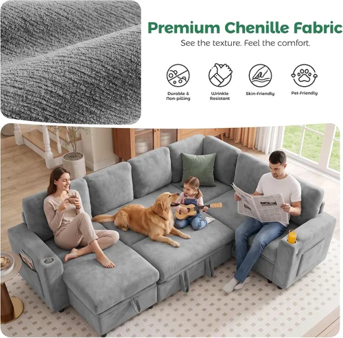 Vista 6 de Sofá cama seccional en forma de L con cama extraíble, 7 asientos Gris