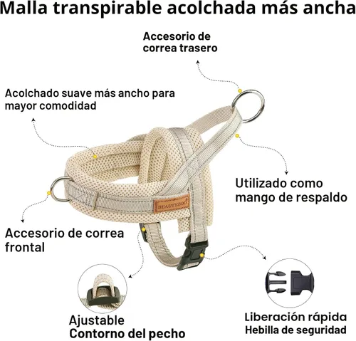 Vista 7 de BEAUTYZOO Arnés para Perros Pequeños, Juego de Arnés y Correa sin Tirones, Arnés de Pecho para Cachorros a Prueba de Escapes con Mango, Arnés Beige