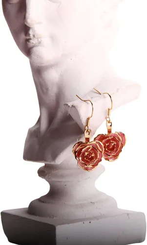 Vista 5 de Eternal Rose Pendientes colgantes de oro de 24 quilates con flor de rosa real para mujer
