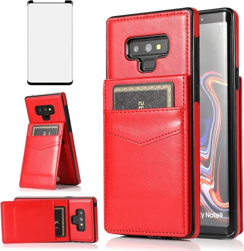 Vista 8 de Funda tipo cartera de piel verde para Samsung Galaxy Note 9 con protector de vidrio templado, tarjetero y función atril