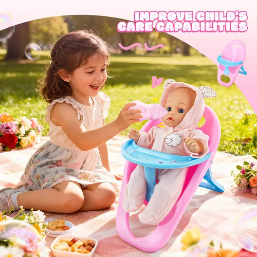 Vista 7 de SMILESSKIDDO - Juego de juguete de cochecito de muñeca bebé - Muñecas blandas de 12 pulgadas con accesorios, silla de comedor, ropa para muñecas