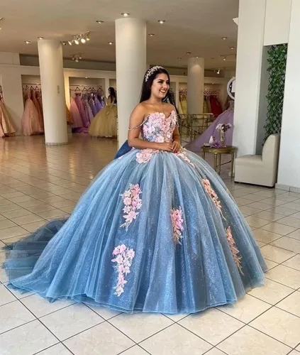 Vista 3 de Mauuwy Vestidos de quinceañera con hombros descubiertos, vestido de baile de tul hinchado, dulce 16, vestidos largos de encaje brillante Y89