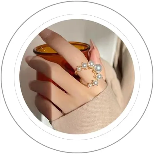 Vista 6 de Anillo de perlas hecho a mano, apilable, anillos ajustables de perlas abiertas, anillo de dedo completo, joyería de racimo de perlas de personalidad
