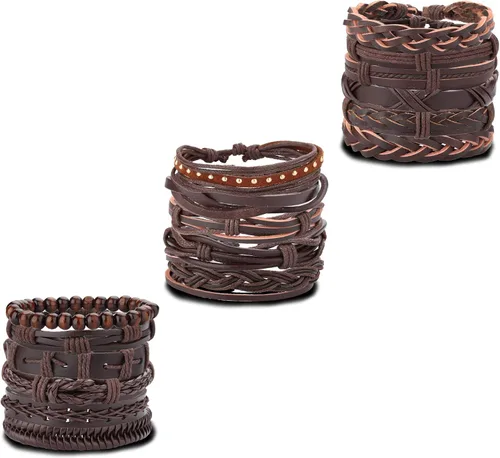 Vista 2 de Brazalete Jstyle de piel trenzada, ajustable, con cuentas de madera, envolvente, 17 unidades para hombre y mujer