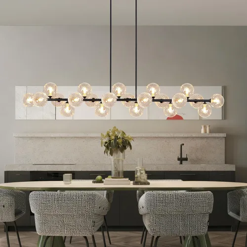 Vista 12 de Candelabro lineal negro Sputnik de 70 pulgadas, lámpara de comedor con 22 luces, globo de vidrio, lámpara lineal ahumada para granja, sala de estar