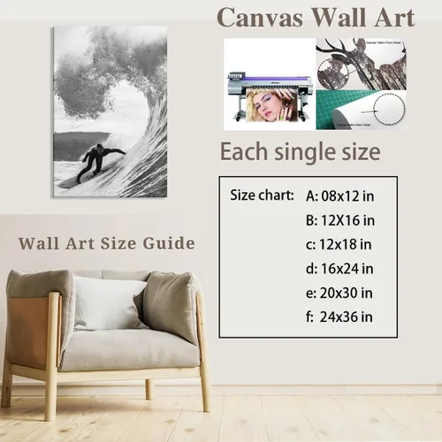 Vista 2 de Póster retro de surf fresco, arte de pared en blanco y negro, pósteres estéticos de habitación, arte de pared vintage del océano, pintura en lienzo