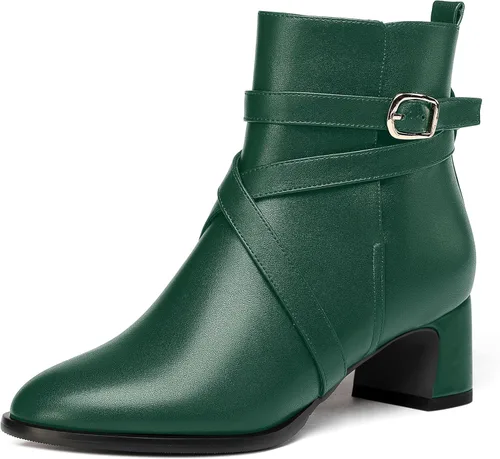 Vista 13 de WAYDERNS Botas altas de tobillo con hebilla casual para mujer, con correa de tobillo sólida mate, tacón bajo y grueso, 2 pulgadas