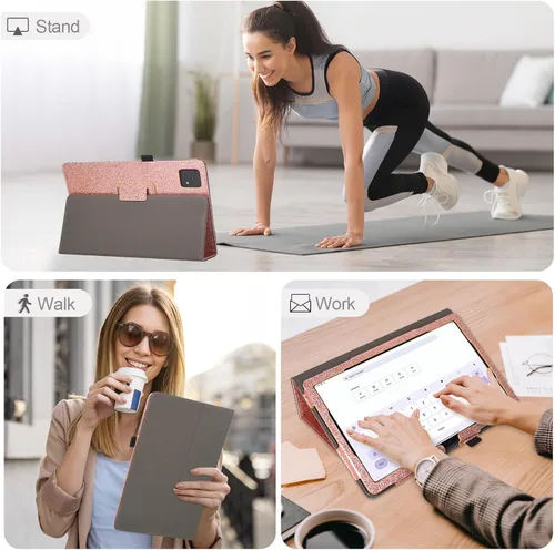 Vista 7 de Funda para tablet T-Mobile Revvl Tab 5G - Funda de piel sintética con soporte para lápices, purpurina oro rosa