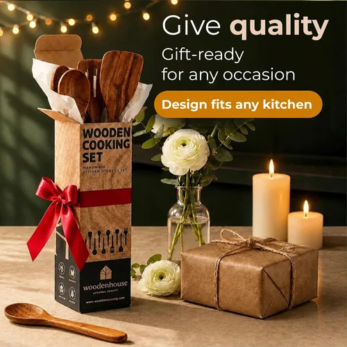 Vista 8 de Cucharas de madera para cocinar: juego de utensilios de cocina de teca