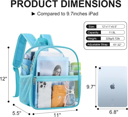Vista 2 de Mochila transparente USPECLARE aprobada para estadio 12×6×12, Bolso transparente resistente al agua para eventos de estadio, conciertos, trabajo