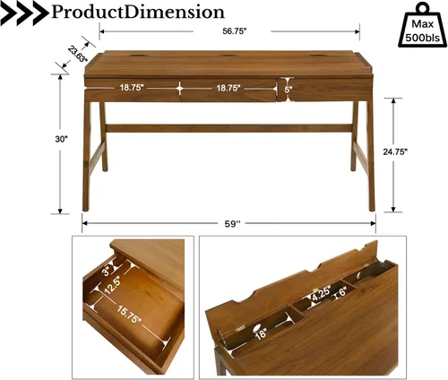 Vista 2 de HNY Escritorio de madera de nogal de 59 pulgadas con 3 cajones, mesa de estudio de computadora con parte superior de MDF, patas de madera de goma