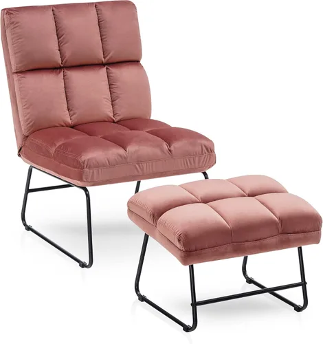 Vista 14 de MCombo Silla decorativa de terciopelo con otomana, acogedora silla de rincón de lectura para espacios pequeños, moderna silla sin brazos para Azul