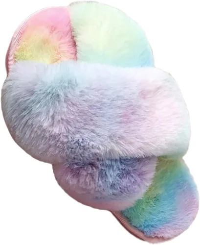 Vista 14 de LightFun Pantuflas peludas y peludas para niña, chancletas de piel con punta abierta, sandalias de banda cruzada para niñas, hogar, interior y Beige