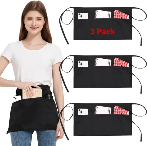 Vista 22 de Paquete de 3 delantales de cintura con 3 bolsillos, delantales de camarero unisex negros, delantales resistentes al agua para restaurante, chef y bar