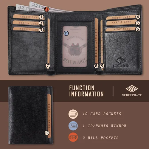 Vista 3 de skneephate Cartera personalizada de lobo para hombres, billeteras triples para hombres, con bloqueo Rfid, carteras de cuero, regalos para él