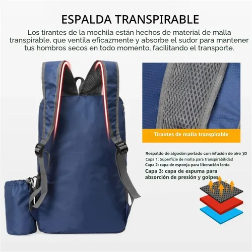 Vista 8 de Mochila plegable portátil, mochila plegable para montañismo, mochila ultraligera para ciclismo al aire libre, mochila de senderismo para viajes Negro