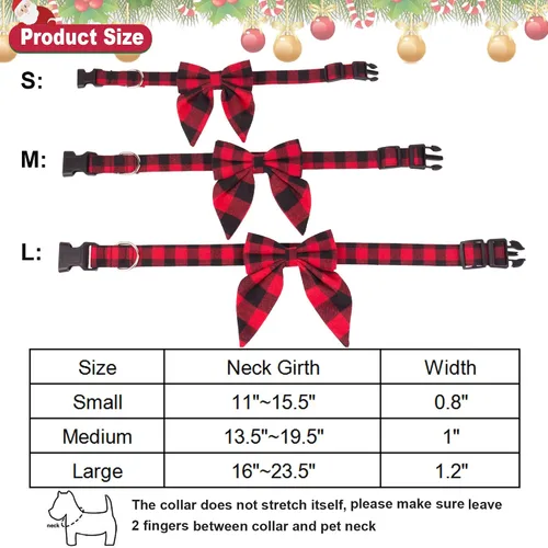 Vista 6 de ADOGGYGO Collar de Navidad para perro con lazo, ajustable de algodón rojo a cuadros, collares de Navidad para perros pequeños, medianos y grandes