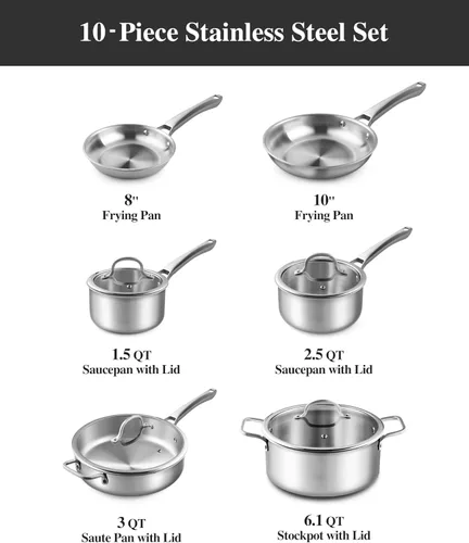 Vista 7 de Juego de utensilios de cocina de acero inoxidable, juego de ollas y sartenes de tirador, 10 piezas de utensilios de cocina de inducción de acero