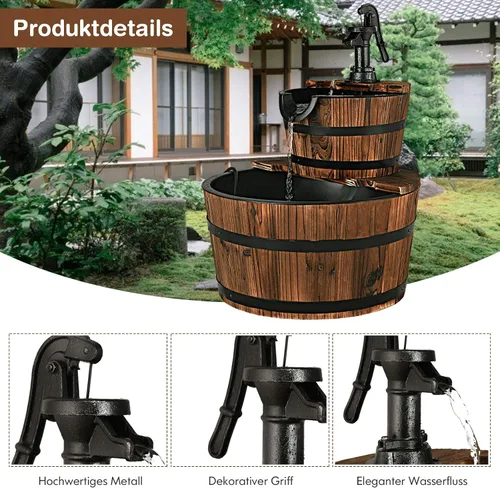 Vista 3 de FANTASK Fuente de cascada de barril de 2 niveles, fuente de agua de barril para exteriores con bomba de mano, construcción rústica de madera maciza