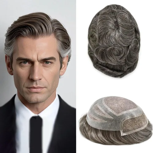 Vista 40 de Toupee - Piezas de pelo para hombres, cabello humano real, sistema de reemplazo de cabello francés, encaje francés, extensiones de cabello